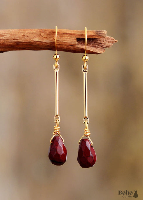 Boho Earrings, Dangle Earrings, Gold Red Jaspers